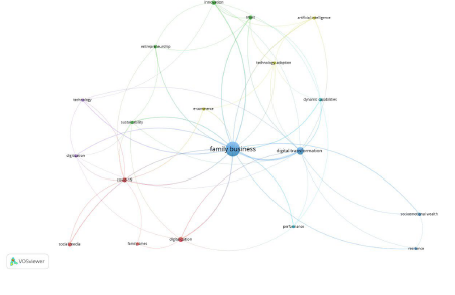 Co-occurrence map of author keywords of documents published in the field of DT of family business.